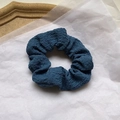 Chic blue pleated scrunchie with ballet style ribbon bow for elegant hair styling - Dark Blue Cream Scrunchie