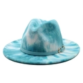 Blauw-witte tie-dye wollen fedora hoed met een brede rand en gouden gespband - M (56-58cm) / Meerblauw