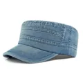 Classic light blue washed denim flat top army cap with breathable metal eyelets for outdoor wear - Adjustable / Medium Blue