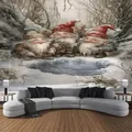 Detailed view of Christmas wall tapestry featuring three Nordic Gnomes in a snow scene - 300x230cm / Nordic Christmas Gnomes
