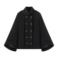Schwarzer Damen-Cape-Mantel mit zweireihigen silbernen Ringknöpfen im Woll-Look - S / Schwarz