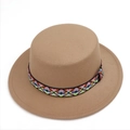 Detail of camel wool felt boater hat with colorful geometric ethnic patterned ribbon band - One Size / Camel