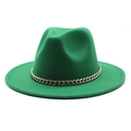 Detailed close-up of a vibrant green wool fedora hat featuring a chunky gold chain accessory - M (56-58cm) / Grass Green