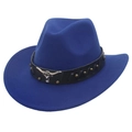 Close-up of blue cowboy hat featuring black leather band with silver bull head and rivets - 56-58cm / Sapphire Blue