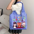 Blue and white plaid canvas tote bag with lovely cartoon penguin and bear print - Blue Gingham Lovely Pets
