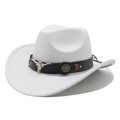 Chapeau de cowboy blanc en feutre avec ruban en cuir noir et emblème de crâne de taureau - M (56-59cm) / Blanc Avec ceinture en cuir noir