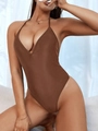 Detail of deep brown halter neck swimsuit with deep V-neckline and high-cut leg fit - S / Dark Brown