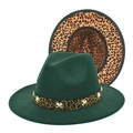 Detail of dark green fedora with leopard print brim and golden star-shaped metal buckles - M (56-58cm) / Dark Green