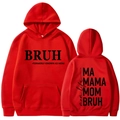 Sweat à capuche rouge avec imprimé MAMA MOM BRUH affichant les vues avant et arrière - S / Hauts / Rouge
