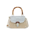 Borsa in paglia con ricamo floreale, manico in bambù e patta in pelle azzurra da donna - Blu