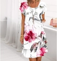 Detail of white chiffon dress with pink floral print and triple-layered ruffle hem - S / Dresses / White Flower