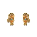 Golden cartoon character stud earrings with amber and blue micro-set zircon crystals - Girl Stud Earrings / Gold