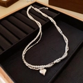 Silver bow pearl layered necklace with heart pendant and irregular metallic beads - Heart Pendant Pearl Shattered Silver Double Layer Necklace (24#)