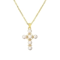 Elegant gold chain necklace featuring a cross pendant made of pearls and zircon crystals - Pearl Inlaid Cross Style (CN001598YH)
