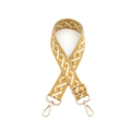 Détail de la bandoulière tissée réglable avec motif jaune et mousquetons dorés polis - Quincaillerie Dorée / Jaune