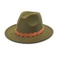 Detail of olive green fedora hat featuring a brown braided faux leather band decoration - M (56-58cm) / Army Green