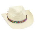 Detail of a beige straw cowboy hat featuring a colorful beaded band and woven texture - Cream