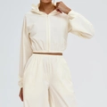 Off-white lightweight windproof cropped hoodie and high-waist joggers two-piece set - Milky Apricot