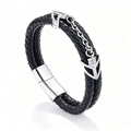 Bracciale doppio in pelle nera intrecciata con chiusura a ancora d'argento su sfondo bianco - Color Acciaio (AB0502)