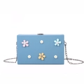 Morandi blue crossbody bag with colorful 3D floral accents and silver chain strap - Blue