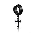 Detail view of a black stainless steel clip-on earring featuring a hanging cross pendant - Matte Cross Style