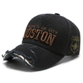 Gorra de béisbol de algodón negro desgastado con bordado de Boston y visera raída - Ajustable / Negro