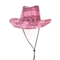 Pink frayed edge plaid cowboy hat with vintage ethnic patchwork design and chin strap - Pink