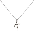 Detailed shot of silver steel necklace with letter K black enamel square pendant - Letter K