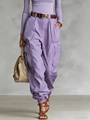Detail of high waist purple cargo pants with pocket features and loose wide leg fit - Lavender