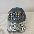 Detailed shot of dark blue denim cap with colorful crystal SEXY letters and silver rhinestones - Adjustable / Denim No.4 (Blue)