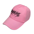 Pink hip-hop baseball cap with black gothic print on center, front view on white background - One Size / Pink (Black Print)