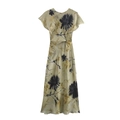 Elegante abito midi floreale in raso giallo-verde con maniche corte e nodo in vita - XS / Stampa Floreale Verde