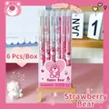 Set of 6 retractable erasable gel pens 0.5mm with cute pink strawberry bear patterns - Strawberry Bear 6Pcs/Box - Crystal Blue Ink