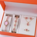 5-teiliges Schmuckset in Roségold mit Herzanhängern und einer Damen-Armbanduhr in Rosa - Roségold Hellrosa Edelstein Set (Ohne Box)
