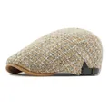Vintage checkered knit flat cap in beige and black tweed with side metal buckle - 55-60cm (Adjustable) / Khaki