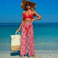 Three-piece red bikini set with red and white zebra print wide-leg beach trousers - S / Top And Bottom / Red and Red Striped
