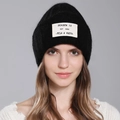 Winter rabbit fur knit beanie in black featuring a vintage stitched brand logo patch - Black