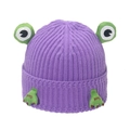 Cute purple knit frog earflap beanie with 3D eyes and embroidered green paws decor - M (56-58cm) / Purple