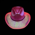 Detail of magenta laser cowboy hat featuring glowing red LED strip on the brim - Adult Rose Red-Red Light