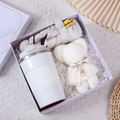 White gift set with coffee tumbler, mini umbrella, and plush bear in marble box - [Pearl White] Cup + Umbrella + Bear Towel