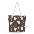 Brown canvas tote bag with dental prints and white rope handles for daily use - Dark Brown Dental Tools All-over Print Style (ms4548)