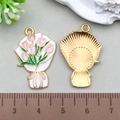 Detail view of white and pink tulip bouquet charm with size scale and golden finish - Pink Enamel Flower Bouquet 27*18mm