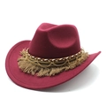 Retro burgundy wool felt cowboy hat with woven band, fringe tassels and gold chain detail - M (56-58cm) / Burgundy