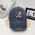 Classic dark blue washed denim baseball cap with patriotic eagle embroidery and flag motif - One Size / Navy Blue