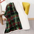 Green plaid flannel blanket with warm white sherpa lining draped on a yellow chair - Green / 127*152CM