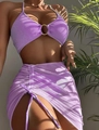 Detail of purple ribbed bikini with gold ring and ruched drawstring beach skirt - Purple