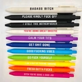 Detail shot of 11 colorful novelty pens with funny sarcastic English phrases on the barrels - 11Pcs Set