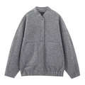 Women's grey textured faux shearling bomber jacket with stand collar and zipper - Gray