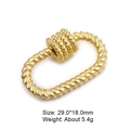 Detailed close-up of golden oval screw clasp with twisted rope texture and size specs - Style 21 (Gold Twisted Rope Oval Clasp 29x18mm)