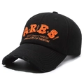 Distressed black washed cotton baseball cap with orange Aries 3D towel embroidery - Adjustable / Black